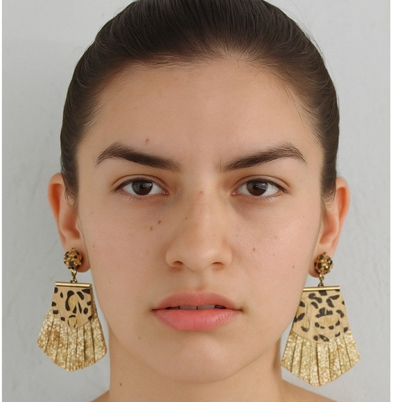Leopard Leather Glitter Fringe Drop Earrings - Picture 3 of 10